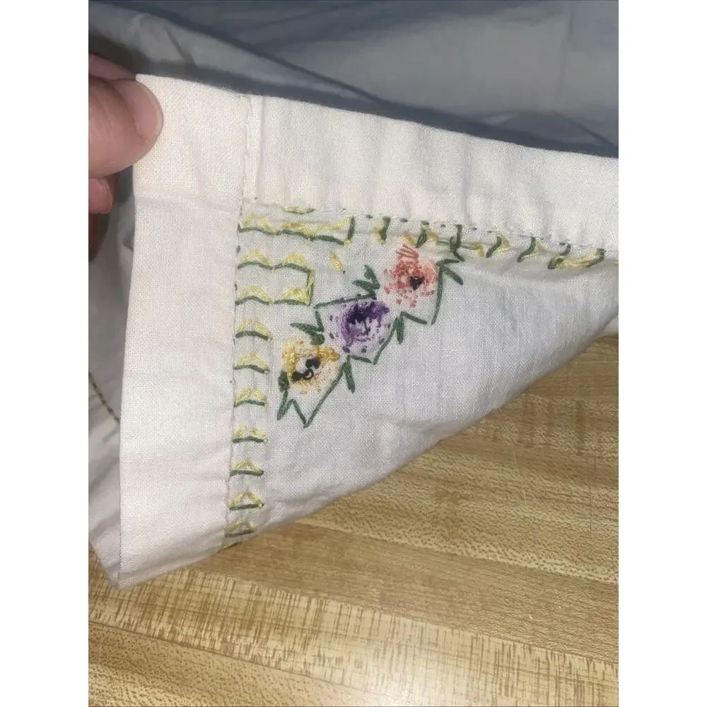 Vintage Hand Embroidered Cotton Linen Tablecloth European 32” Square